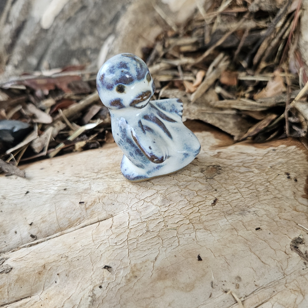 Vintage Rustic Bird Figurine Tiny Glazed Bird Red Pottery Collectible Blue White
